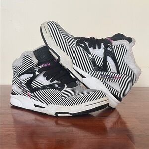 Reebok Black & White Striped High-Top Sneakers with Pink Accents